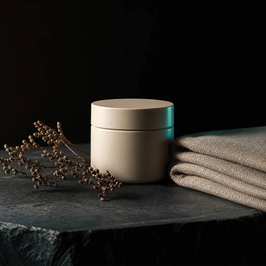 Minimalist still life of an unbranded jar, folded textile and dried botanical