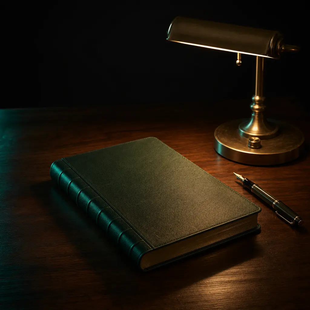 Leather ledger and brass desk lamp casting a warm pool of light on a walnut desk