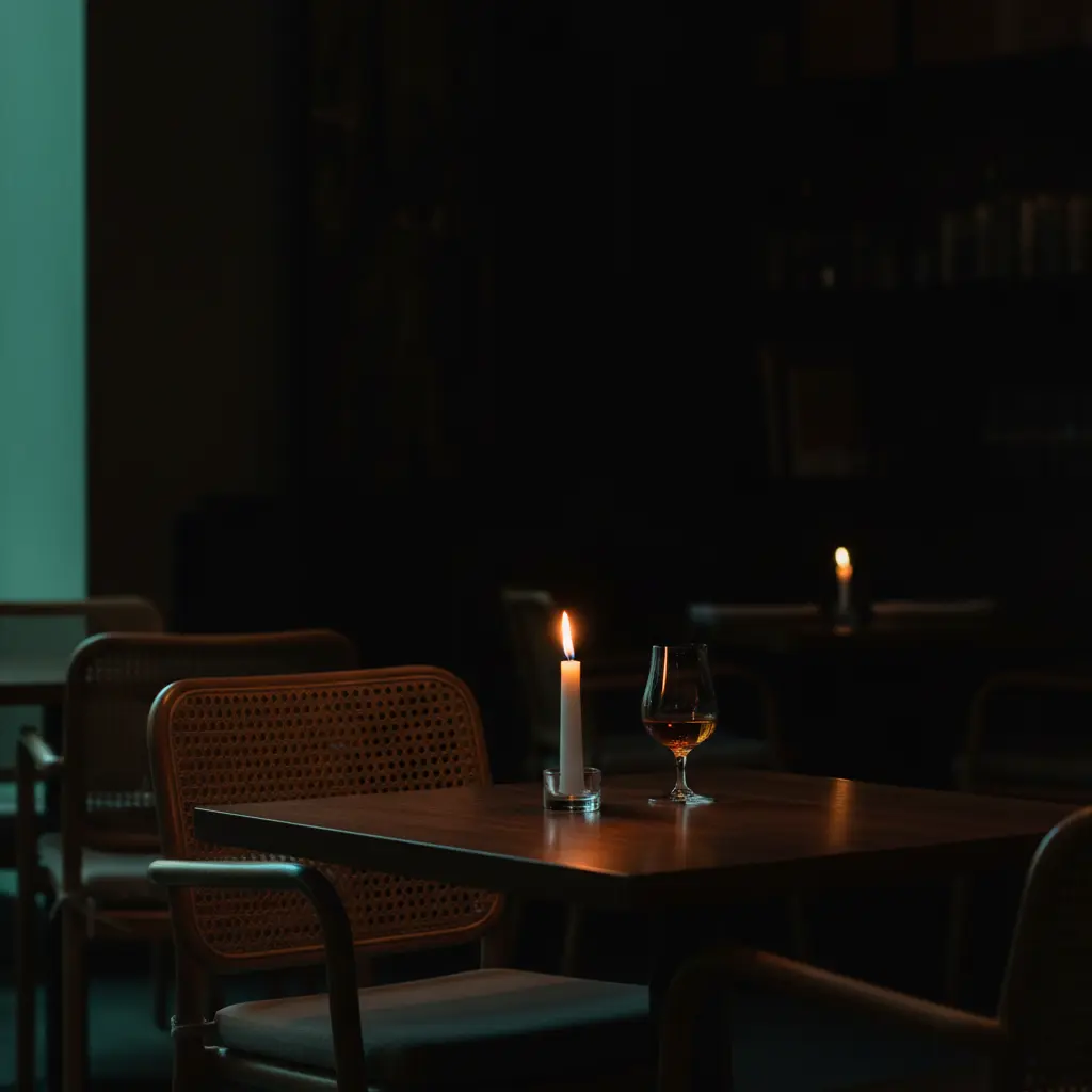 Moody restaurant interior at dusk with a single candlelit table