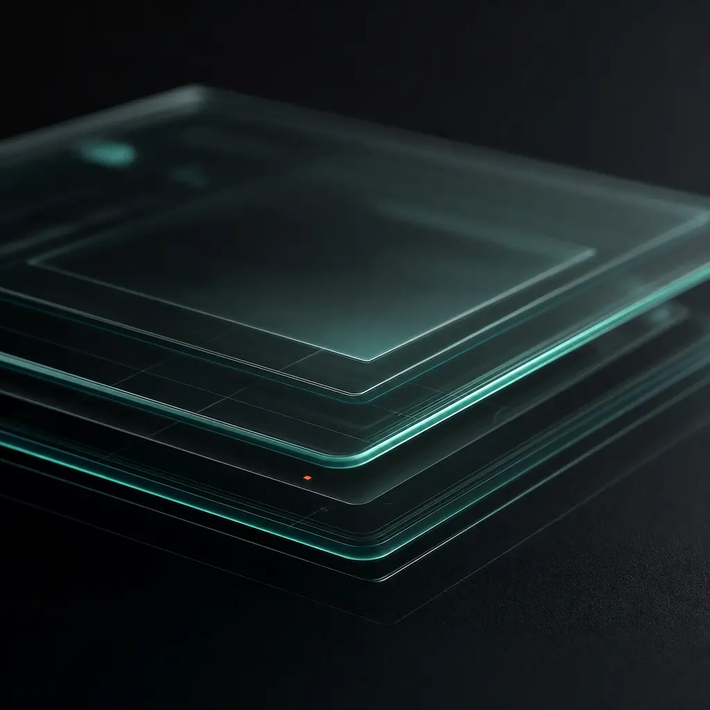 Translucent layered glass UI panes catching teal light over a dark surface